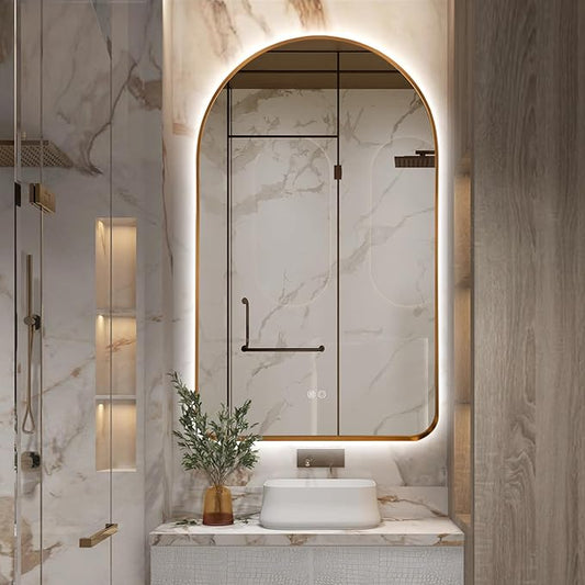 Niccy Arched LED Lighted Bathroom Mirror, 40x24 Inch Backlit Vanity Bathroom Mirror with Lights Brushed Gold Framed Wall Mounted Mirrors with 3 Color Shatterproof Arch Smart Fog Free Mirror Niccy
