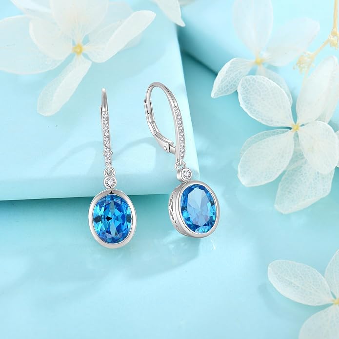 FJ Oval Cut Dangle Drop Earrings 925 Sterling Silver Leverback Earrings Birthstone Jewelry Gifts for Women FJ