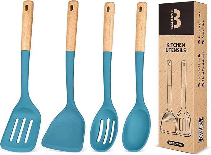 Silicone Cooking Utensils Set, Perfectly Angled for Frying, Mixing,Serving,Draining,Turning and Stirring, BPA-Free Matte Silicone, Wood Handles, Safe for Nonstick Cooking Surfaces,4 Pack (Blue) BADIANO