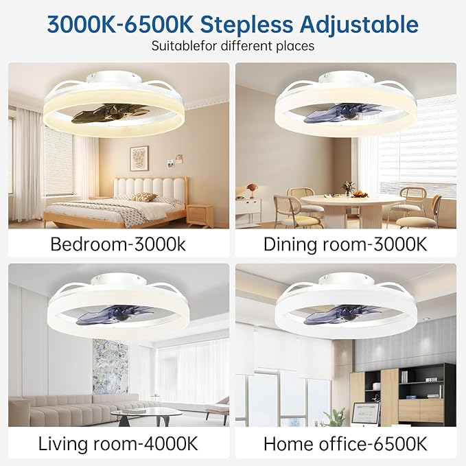 Smart Ceiling Fan with Lights and Alexa Assistant/APP/Remote Control Low Profile Fan with 6 Speeds, 15° Tilt Manal Adjustment, Stepless Color Temperature Change for Home, Office White Kick Boosters