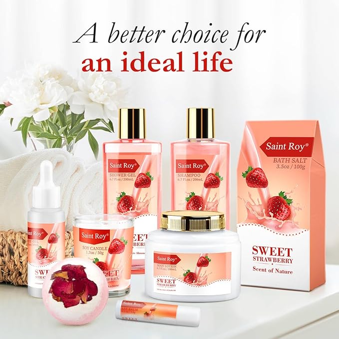 Spa Kit for Women, Bath & Body Gift Set, Luxury Home Spa Bath Gift Basket, Strawberry Scented Bath Set Christmas Gifts for Women, Pamper Gifts for Girls & Teens, Birthday Gift, Bath Self Care Gift SaintRoy