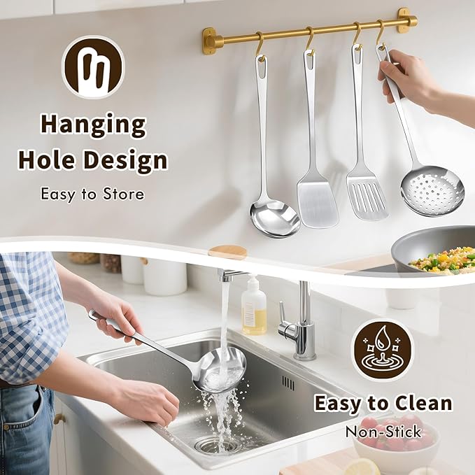 4 Pcs Cooking Utensils Set, Stainless Steel Kitchen Utensils, Heat Resistant Metal Kitchen Tools Include Solid & Slotted Turner Wok Spatula, Serving Spoon, Ergonomic Handle, Easy to Clean, Silver Kick Boosters