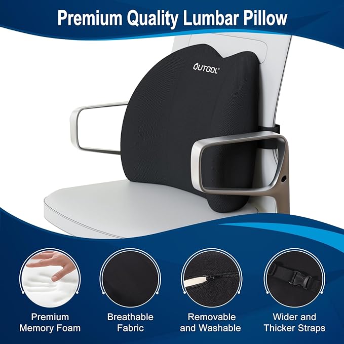 QUTOOL Lumbar Support Pillow for Office Chair, Memory Foam Low Back Support,Back Pain Relief, Ergonomic Back Cushion for Desk Chair,Gaming Chair,Adjustable Strap and Washable Cover QUTOOL
