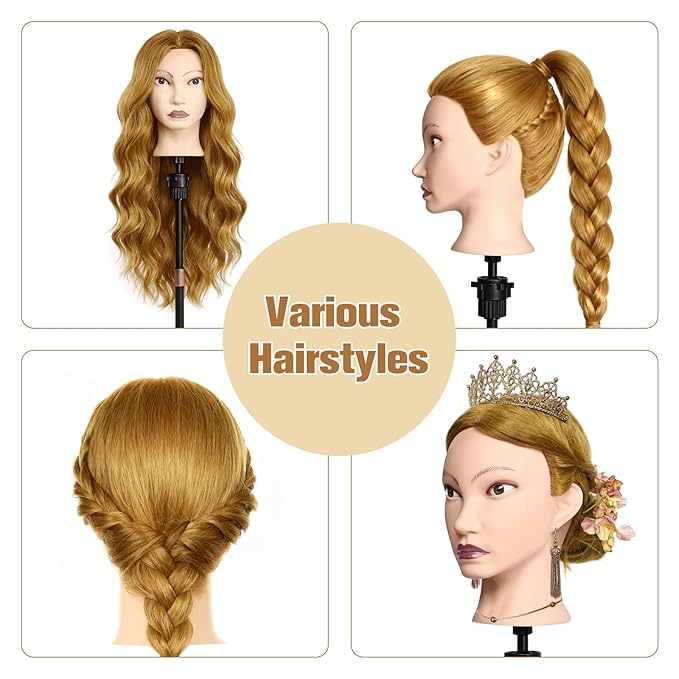 26" Mannequin Head Human Hair, MYSWEETY Cosmetology Mannequin Head with 80% Human Hair, Practice Training Doll Head with Clamp Holder and Tools (Golden) MYSWEETY