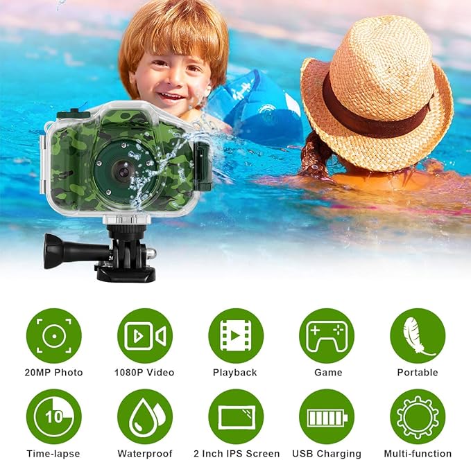 DEKER Waterproof Camera for Kids, Christmas Birthday Gifts for Boys Girls 3-12 Year Old, Mini HD Toddler Digital Video Children Travel Camcorder, 2 Inch IPS Screen with 32GB Card (Green) DEKER