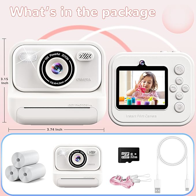 Kids Instant Print Camera,2.4 Inch Screen Kids Instant Cameras, Christmas Birthday Gifts for 3 4 5 6 7 8 9 10 Year Old Girls Boys, Portable Toddler Toy for Girls Age 3-12, White Eaever