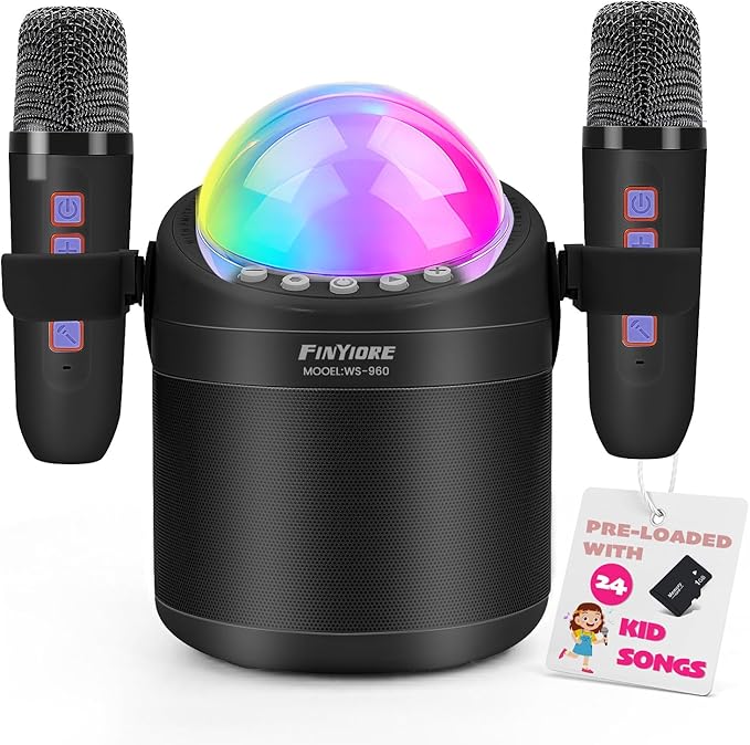 Karaoke Machine for Kids Portable Bluetooth Speaker with 2 Wireless Microphone 24 Pre-Loaded Nursery Rhymes Robot Kids Christmas Birthday Gifts for Girls Boys Ages 2,3,4,5,6,7,8,9,10,11,12 +Year Old FINYIORE
