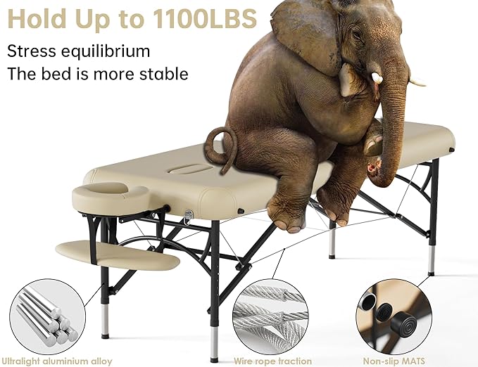 CLORIS 84" Professional Massage Table Portable 2 Folding Lightweight Facial Salon Spa Tattoo Bed Height Adjustable with Carrying Bag & Aluminium Leg Hold Up to 1100LBS Cream CLORIS-Direct