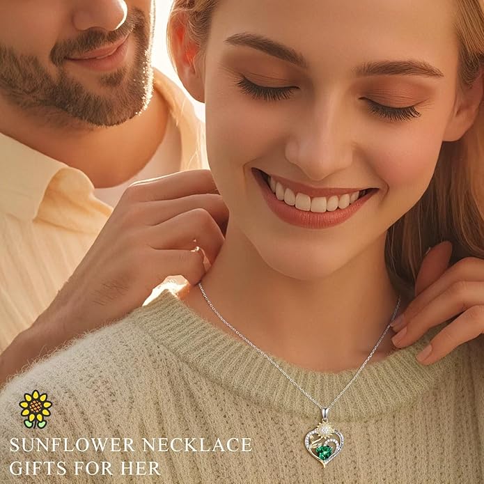 Iefil Christmas Gifts for Women Wife - Sunflower Birthstone Necklace for Women, Anniversary Birthday Gifts 925 Sterling Silver Heart Pendant You Are My Sunshine Jewelry for Girlfriend Mom Daughter IEFIL