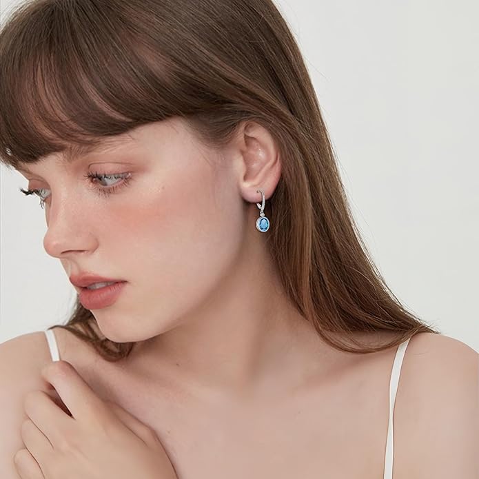 FJ Oval Cut Dangle Drop Earrings 925 Sterling Silver Leverback Earrings Birthstone Jewelry Gifts for Women FJ