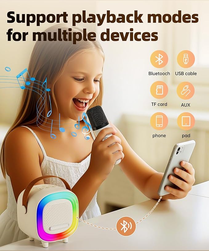 Mini Karaoke Machine Speaker for Kids Adults, Portable Bluetooth with 2 Wireless Microphones, Children's Day Birthday Gift Ideas for Toys for Teens Boys and Girls Aged 4, 5, 6, 7, 8, 9, 10, 11, 12+ Kick Boosters