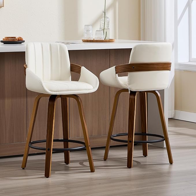 Bar Stools Set of 2, 26" Counter Height Swivel Stools with Back, Walnut Wood Frame, PU Leather, Built-in Footrest, Modern Kitchen Island Chairs – Easy Assembly & Sturdy Design - White VipDesk