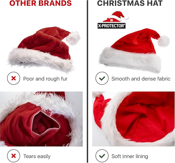 X-Protector Santa Hat - Large Christmas Hat for Adults - Fluffy Christmas Hats for Women and Men - Red Velvet Santa Cap! X-Protector