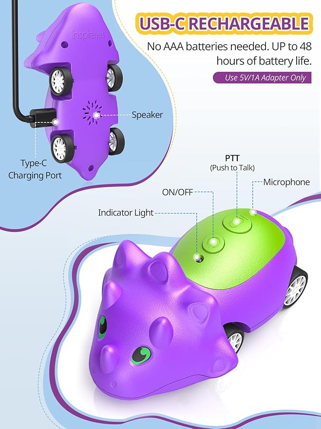 Dinosaur Walkie Talkies for Kids Rechargeable, Dino Toy Cars for Boys & Girls Ages 5-7, Crystal-Clear Audio, 48H Playtime, Fun Indoor & Backyard, 3 Year Old Boy Gift Birthday Xmas, 2 Pack Inspireyes