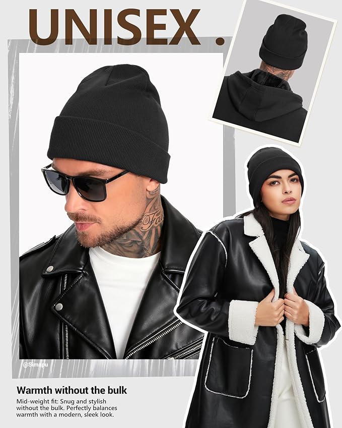 Winter Fleece Lined Beanie for Men Women, 100% Cotton Knit Thick Warm Beanies Hat, Cuffed Fisherman Hats Ski Skull Cap Simapu