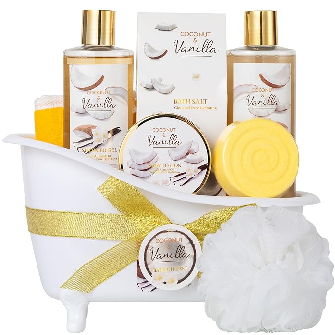 Christmas Gifts for Women and Men - 8-Piece Luxury Coconut Vanilla Bath & Body Gift Set for Women Self Care Kit Spa Gift Baskets | Perfect Gifts for Mom, Birthday Gifts, All Occasion Holiday Present SaintRoy
