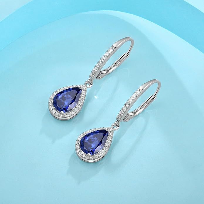 FJ Teardrop Dangle Drop Earrings 925 Sterling Silver Halo Leverback Earrings Birthstone Jewelry Gifts for Women FJ