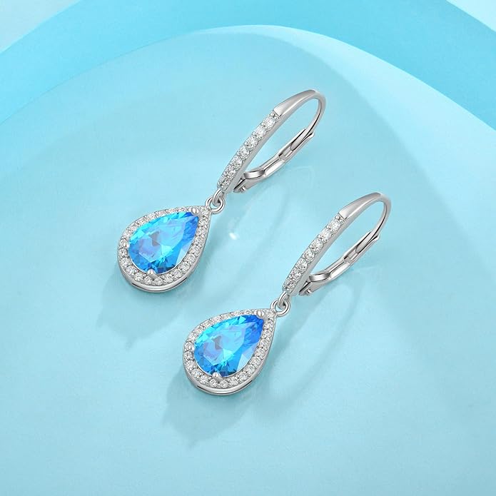 FJ Teardrop Dangle Drop Earrings 925 Sterling Silver Halo Leverback Earrings Birthstone Jewelry Gifts for Women FJ