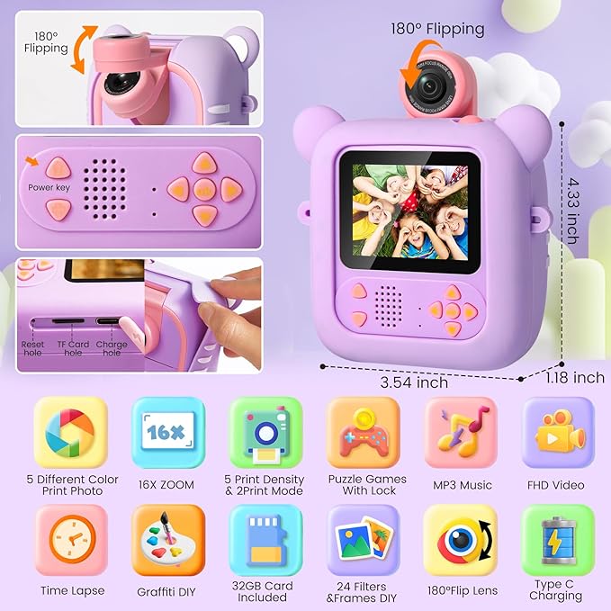 Kids Camera Instant Print, 7 Print Paper (4 Color: O/R/G/B+3 B&W), 2.4" Screen Instant Camera for Kids Ages 3-12,1080P, 180°Flip Lens,32GB Card- Christmas Birthday Present for Boys & Girls,M2 ARNSSIEN