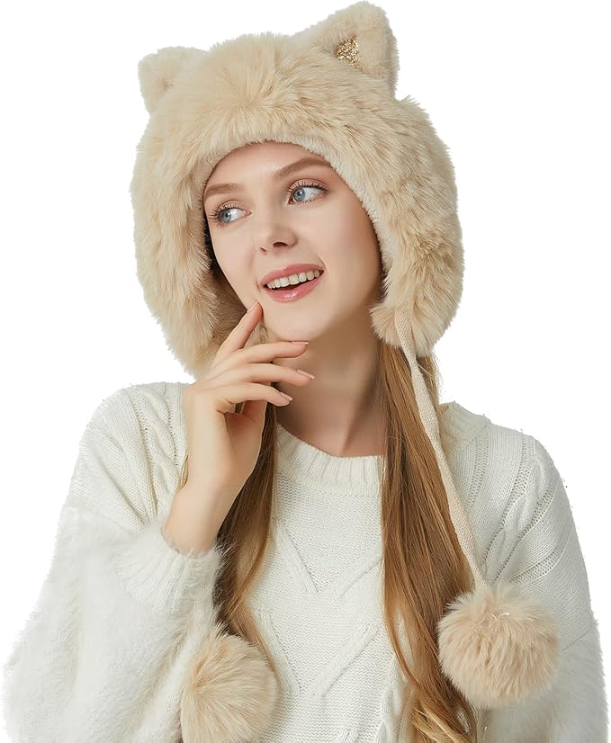 Women Winter Peruvian Cover Ears Beanie Hat Ear Flaps Sherpa Ski Snow Hats Knit Fleece Lined 3 Pom Pom HUAMULAN