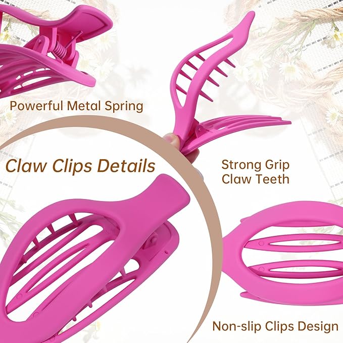 French Flat Hair Clips for Women - 6Pcs Flat Hair Claws for Thin Thick Hair Strong Hold No Slip Grip Hair Claw Clips for Women Girls (Flower (Pink)) AWAYTR