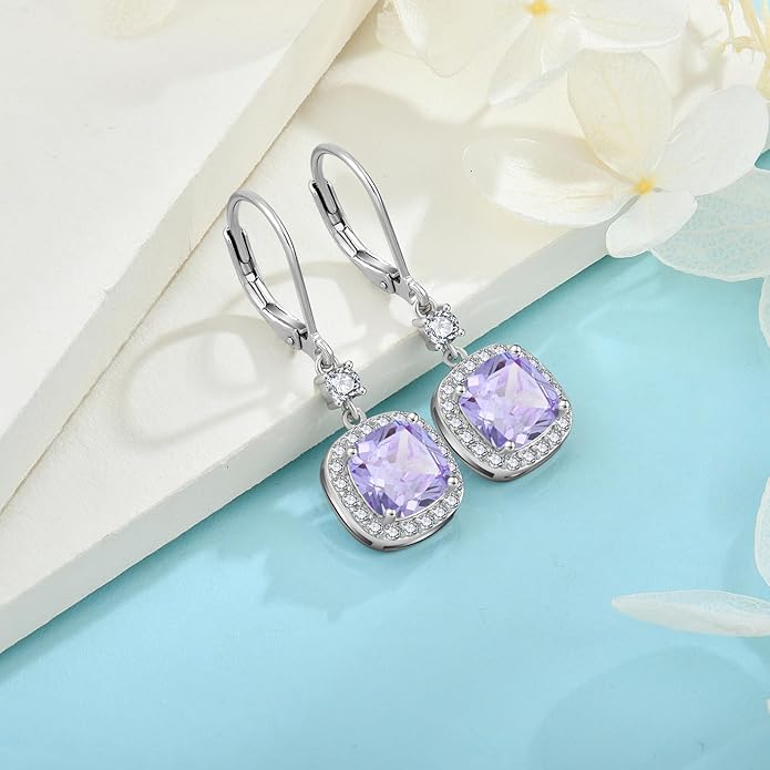Women Leverback Earrings 925 Sterling Silver Princess Cut Halo Earrings Birthstone Dangle Drop Earrings for Women Her Mom Wife INPASNE