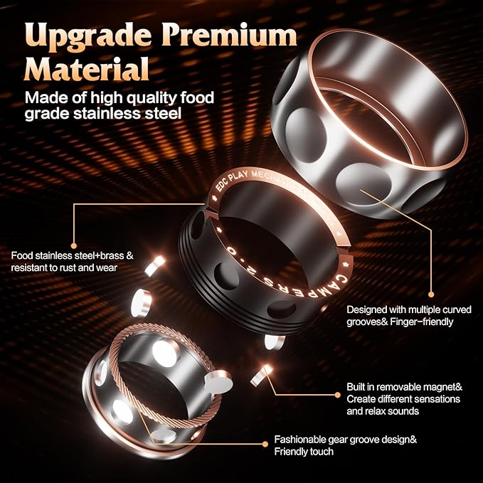 Upgrade Fidget Spinner for Stress Relief,Magnetic Fidget Spinner Rings with Rotating Sounds/Anti-Slip,Stainless Steel Ring Toy Stress Anxiety ADHD Relief Tool, Gifts for Adults and Teens