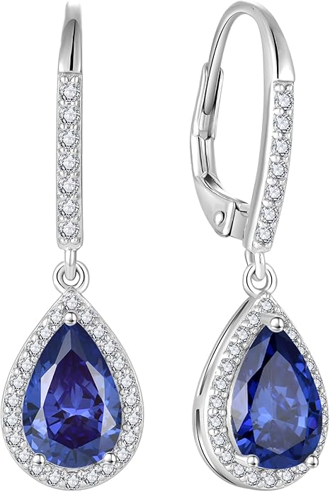 FJ Teardrop Dangle Drop Earrings 925 Sterling Silver Halo Leverback Earrings Birthstone Jewelry Gifts for Women FJ