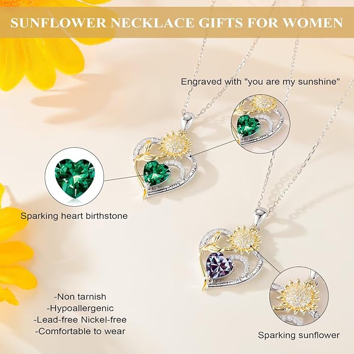 Iefil Christmas Gifts for Women Wife - Sunflower Birthstone Necklace for Women, Anniversary Birthday Gifts 925 Sterling Silver Heart Pendant You Are My Sunshine Jewelry for Girlfriend Mom Daughter IEFIL