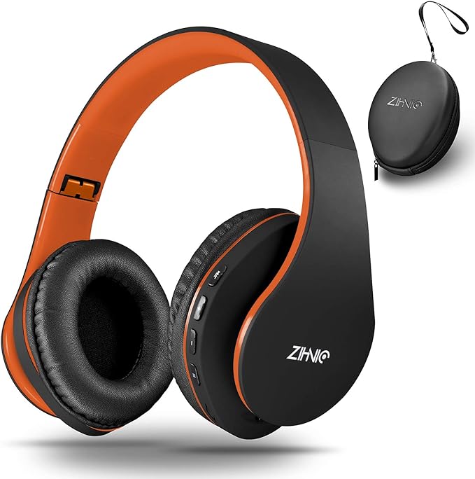 ZIHNIC Bluetooth Headphones Over-Ear, Foldable Wireless and Wired Stereo Headset Micro SD/TF, FM for Cell Phone,PC,Soft Earmuffs &Light Weight for Prolonged Wearing(Black/Orange) ENJOYMUSICLIFEWITHZIHNICHEADPHONES