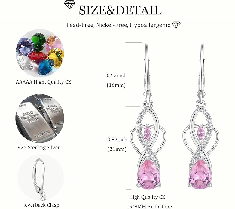 Infinity Butterfly Earrings 925 Sterling Silver Birthstone Dangle Drop Leverback Earrings Cubic Zirconia Hypoallergenic Jewelry Birthday Christmas Gifts for Women Mother Wife Her FYNSBLE