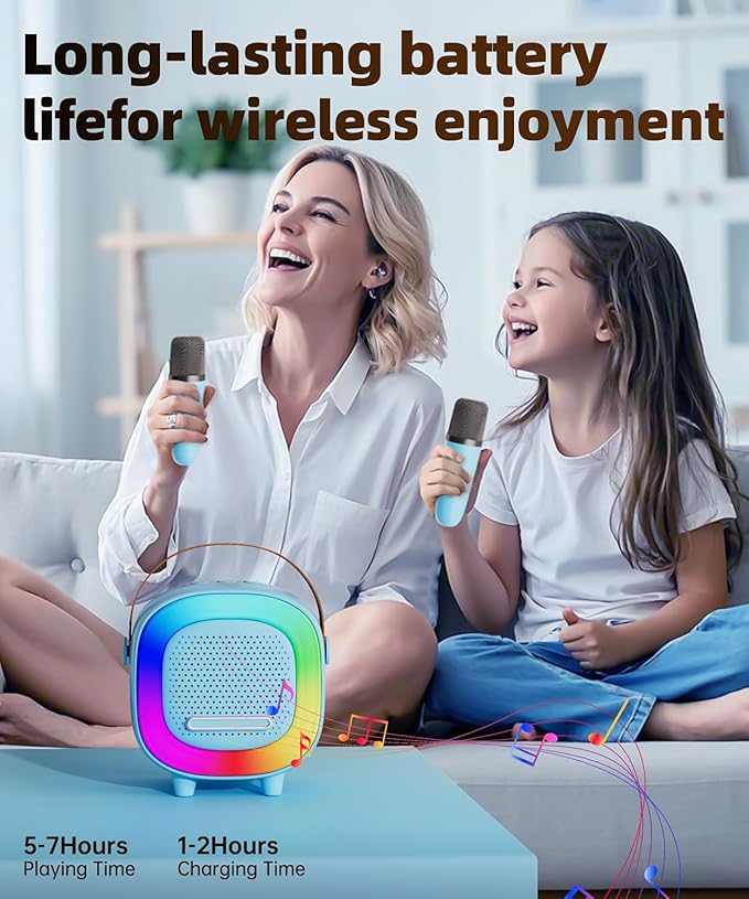 Mini Karaoke Machine Speaker for Kids Adults, Portable Bluetooth with 2 Wireless Microphones, Children's Day Birthday Gift Ideas for Toys for Teens Boys and Girls Aged 4, 5, 6, 7, 8, 9, 10, 11, 12+ Kick Boosters