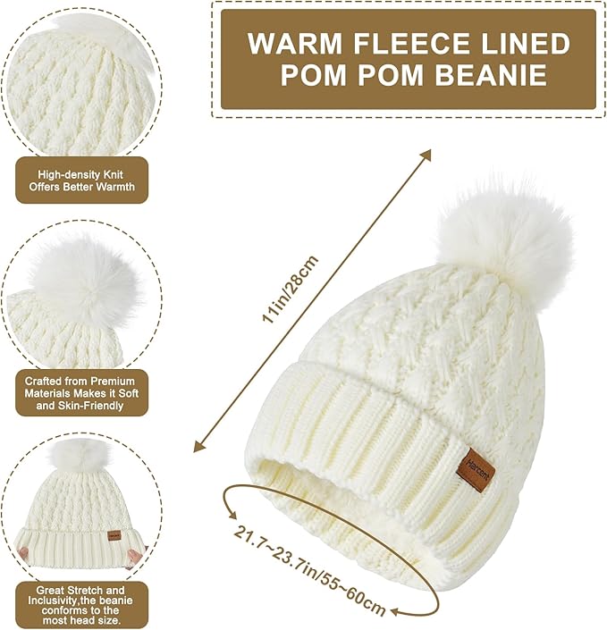 Womens Winter Warm Beanie Hat Long Neck Scarf and Touchscreen Gloves Set with Fleece Lined Pom Skull Caps for Women Harcent