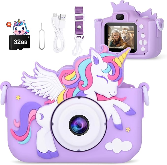 Kids Camera Unicorn Toys for Girls, Digital Camera for Kids Age 3-8 Toddler Travel Toys, Birthday Gift for Girls 3 4 5 6 7 8 Year Old Christmas, HD 1080P Video Camera, 32G SD Card Included (Purple) AlotwanKidsToys