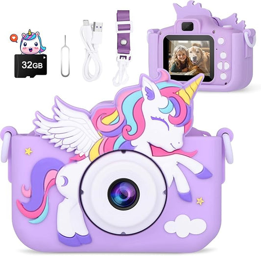 Kids Camera Unicorn Toys for Girls, Digital Camera for Kids Age 3-8 Toddler Travel Toys, Birthday Gift for Girls 3 4 5 6 7 8 Year Old Christmas, HD 1080P Video Camera, 32G SD Card Included (Purple) AlotwanKidsToys
