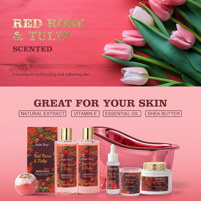 Christmas Gifts for Women, spa kit Gifts for Her Mother's Day Bath Spa Gift Set Red Rose & Tulip Spa Basket Kits for Women, Contains Body Oil, Body Lotion, Salt, self care baskets Mother's Day Gift SaintRoy