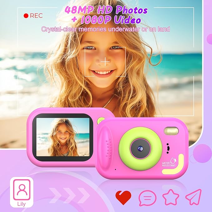 Kids Waterproof Camera, 1080P HD Underwater Digital Camera for Kids Aged 3-12, IP68 Swimming & Snorkeling Toy, ABS Plastic, 32GB Card, Birthday Gift for Children Boys Girls, Pink Kick Boosters