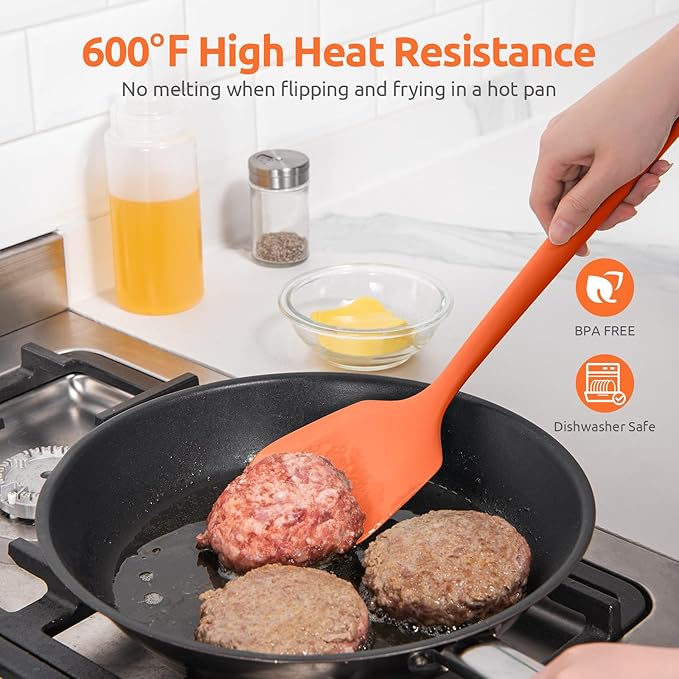600ºF Heat Resistant Silicone Turners: U-Taste 13.6in Long Solid & Slotted Kitchen Spatula Flipper, Large Flexible Cooking Utensil for Flipping Egg, Pancake in Nonstick Cookware(Orange, 2PCS) U-Taste