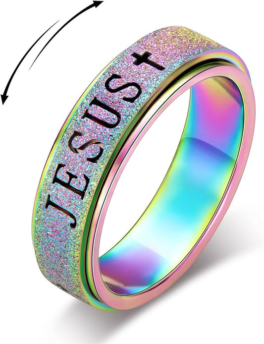 OreilleStar Fidget Spinner Anxiety Ring for Women: Fidget Toys Adults Cute Jesus Thumb Ring Stainless Steel Gold Silver Size 5 6 7 8 9 10 (Rainbow, 6)