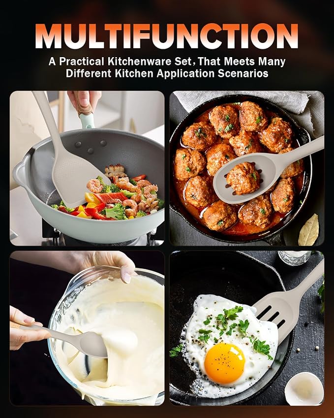 Silicone Cooking Utensils Set, Perfectly Angled for Frying, Mixing,Serving,Draining,Turning and Stirring, BPA-Free Matte Silicone, Wood Handles, Safe for Nonstick Cooking Surfaces,4 Pack (Khaki) BADIANO