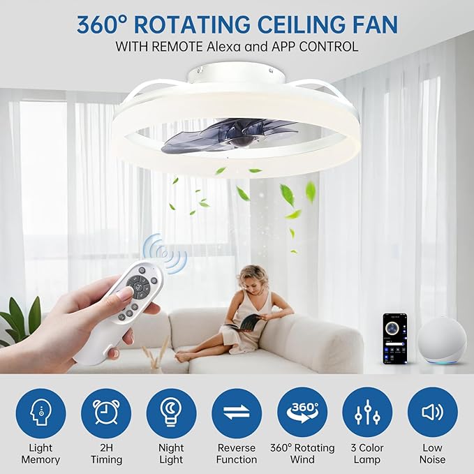 Smart Ceiling Fan with Lights and Alexa Assistant/APP/Remote Control Low Profile Fan with 6 Speeds, 15° Tilt Manal Adjustment, Stepless Color Temperature Change for Home, Office White Kick Boosters