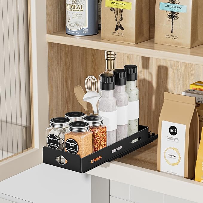 Pull Out Spice Rack Organizer for Cabinet, Heavy Duty-Slide Out Spice Rack, Vertical Spice Rack for Kitchen Cabinet and Pantry (4.2''Wx10.5''Dx2.8''H, Metal Black) BOIVSHI