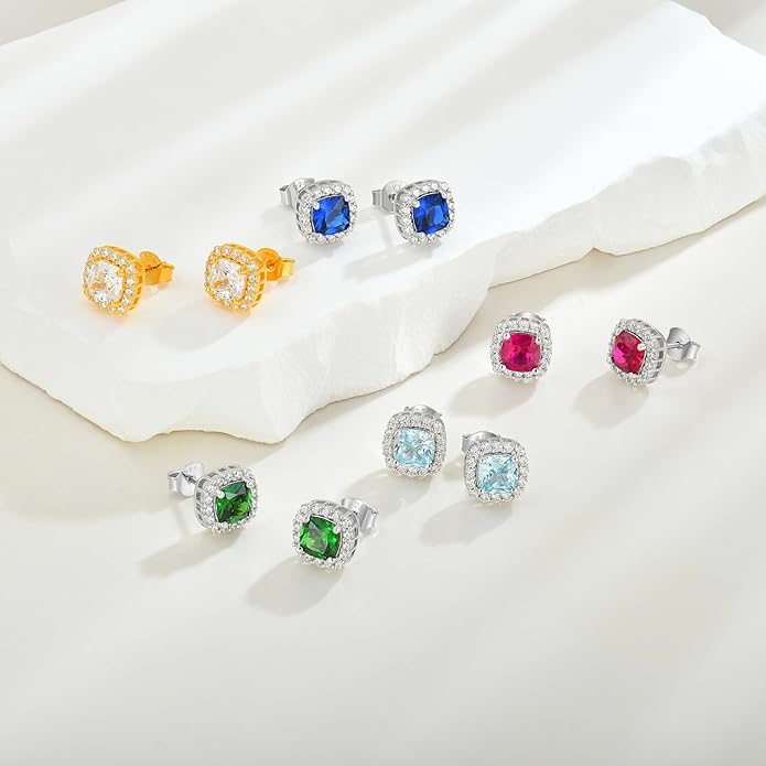 Women's Earrings 925 Sterling Silver Square Halo Stud Earrings With 5A Cubic Zirconia Birthstone Statement Earrings Jewelry Gifts for Women TIMFROZ
