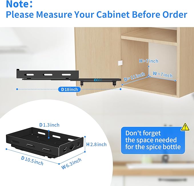 Pull Out Spice Rack Organizer for Cabinet, Heavy Duty-Slide Out Spice Rack, Vertical Spice Rack for Kitchen Cabinet and Pantry (6.3''Wx10.5''Dx2.8''H, Metal Black) BOIVSHI