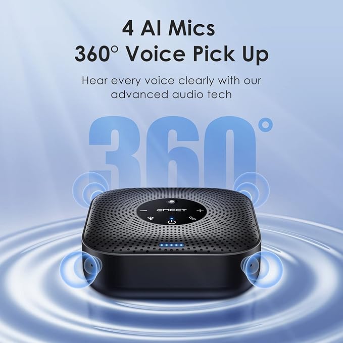EMEET Conference Speakerphone M0 Plus, 4 AI Mics 360° Voice Pickup, Noise Reduction, USB C Speaker, Bluetooth Conference Speaker for 8 People w/Daisy Chain for 16 Compatible with Leading Software EMEET