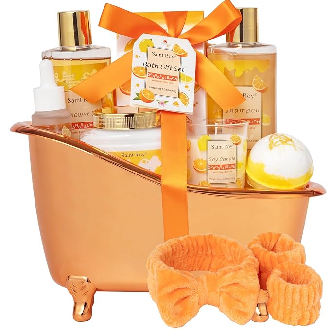 Orange Scents spa gift set Great Gift Lemon Spa Gifts for girls, Body care Set Birthday Gifts, Gift Baskets for Woman, 11pcs Bath Gift Set for Women, Christmas Gifts for Women Citrus Spa Gift Basket SaintRoy