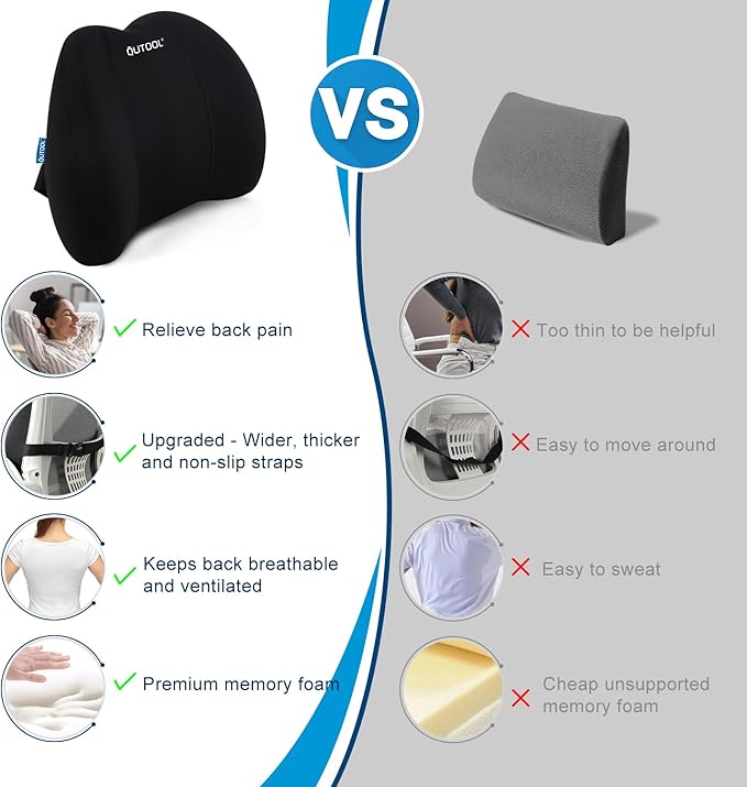 QUTOOL Lumbar Support Pillow for Office Chair, Memory Foam Low Back Support,Back Pain Relief, Ergonomic Back Cushion for Desk Chair,Gaming Chair,Adjustable Strap and Washable Cover QUTOOL