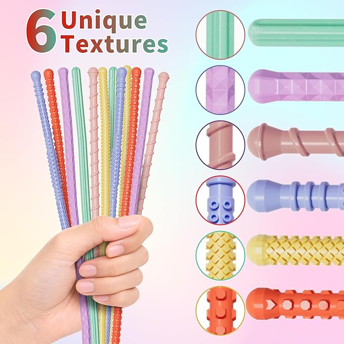 Hepotk Sensory Fidget Sticks - 12PCS Silicone Fidget Toy Pack with Mixed Textures, Random Colors & Styles | Stress Relief Toys for Autistic Kids 3+ & Adults | Must-Have for Travel, School & Home