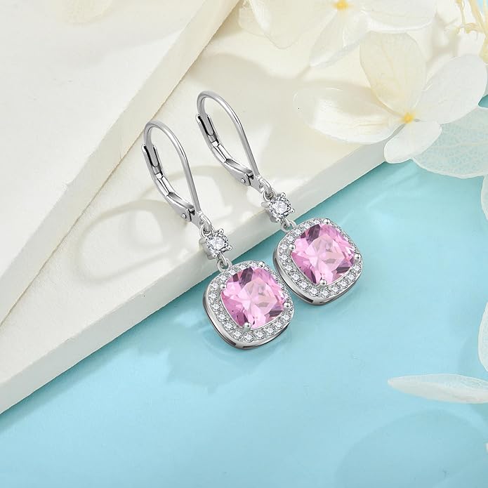 Women Leverback Earrings 925 Sterling Silver Princess Cut Halo Earrings Birthstone Dangle Drop Earrings for Women Her Mom Wife INPASNE