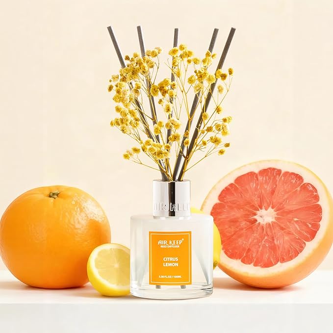 Airkeep Reed Diffuser Set,3.38 fl oz (100 ml) - Citrus Lemon Oil Diffusers with 8 Reed Sticks, Home Fragrance Reed Diffuser for Bathroom Shelf Decor Airkeep